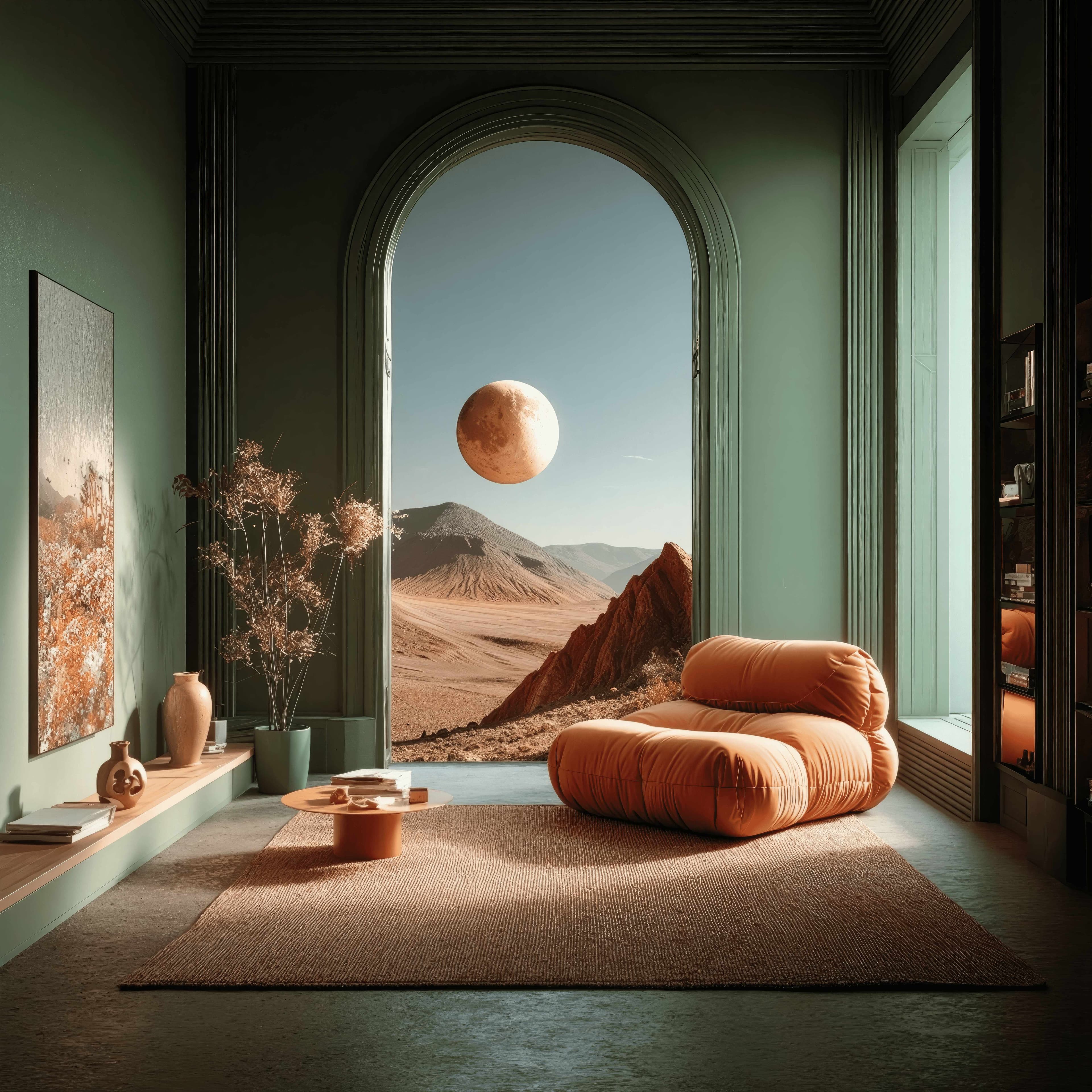 Home Haven - Elegant interior with sage green walls and warm decor overlooking a surreal landscape